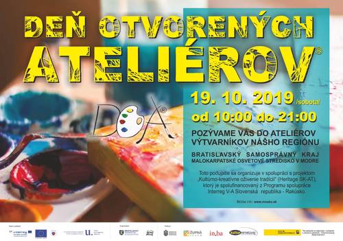 Plagát Deň otvorených ateliérov 2019 - Momenty dotyku s krásou a výnimočné chvíle osobných stretnutí s výtvarníkmi Sobota 19. 10. 2019 od 10.00 do 21.00